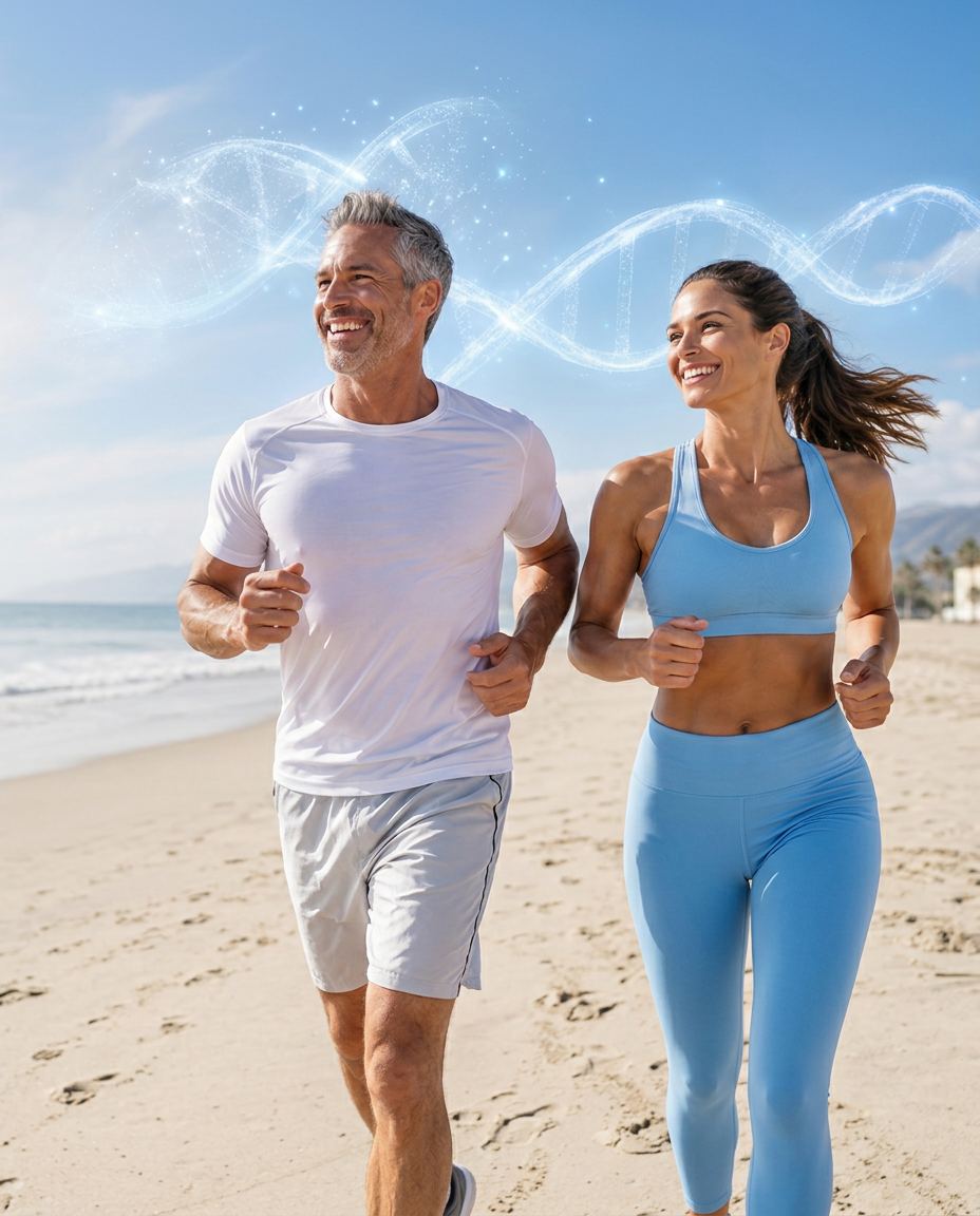 Smiling mature couple jogging on a bright beach with a glowing blue DNA helix symbolising peptide science